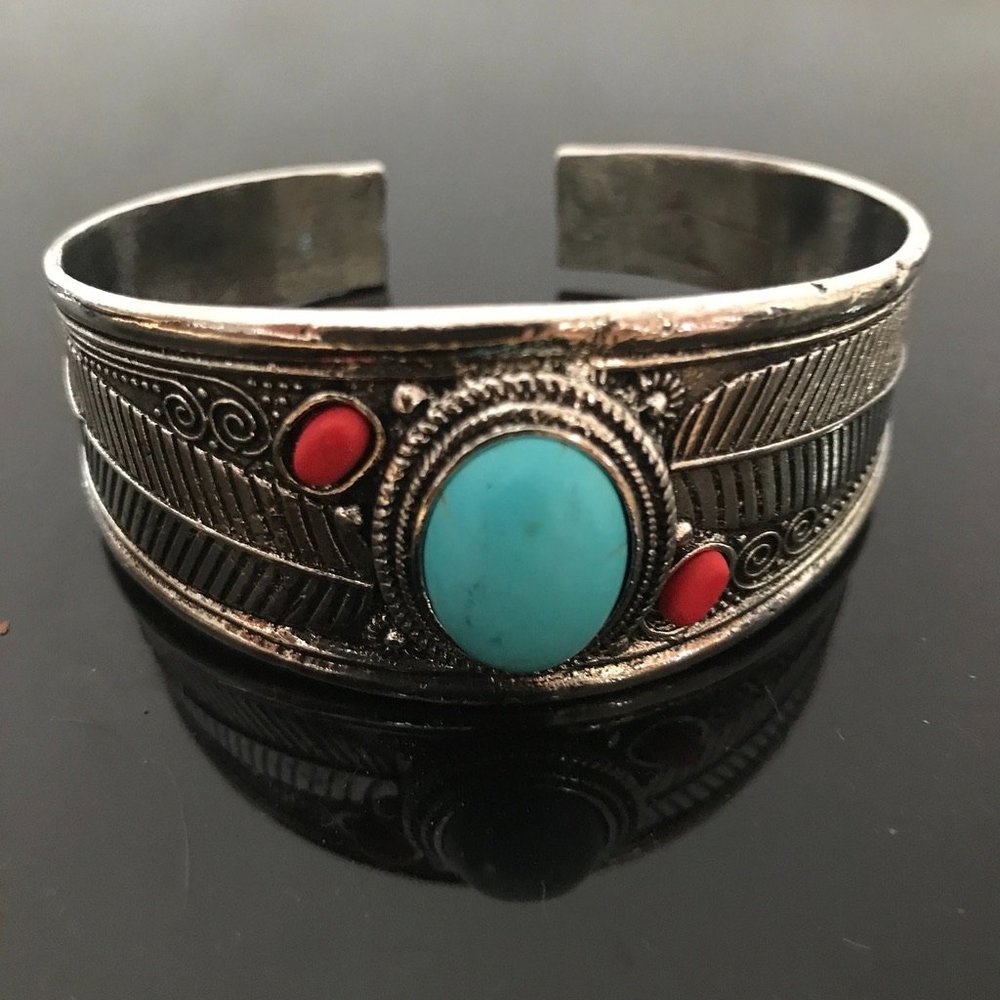 Turquoise Silver Cuff Bracelet Southwestern Coral Mens Mans Western Coral Red - Picture 5 of 8